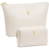 CLOUDWINGS Birthday Gifts for Women Initial Makeup Bag Set Personalized Girl Cosmetic Travel Toiletry Bag Gifts for Bridesmaid Friend Graduation Teachers(Beige,V)