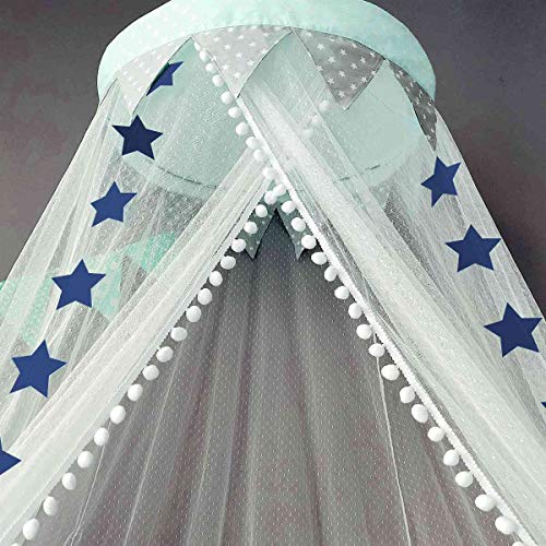 Dix-Rainbow Bed Canopy with Pom Pom Hanging Mosquito Net for Baby Crib Kids Twin Full Queen Size Bed, Lace Round Dome Fairy Netting Curtains, Kids Play Tent Reading Nook Castle Games House - Blue - Thumbnail 4