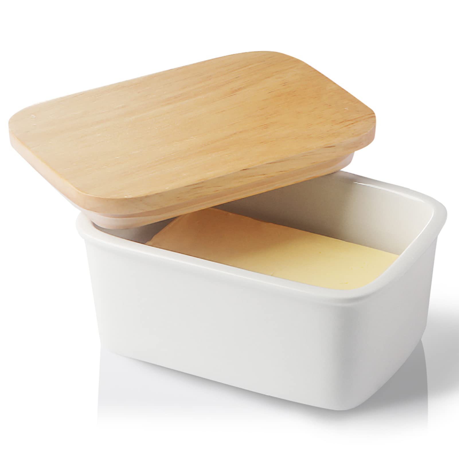 Sweejar Home Porcelain Butter Dish with Lid, Airtight Large Butter Keeper with Wooden Lid, Butter Container Perfect for 2 Sticks of Butter West or East Coast Butter (White)