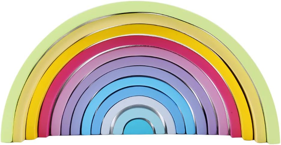 Kalaokei 12 Puzzles Wooden Rainbow Tunnel Stacker Nesting Sculpture Building Kids Toy Educational Toy for Kids Non-toxic Durable Macaron