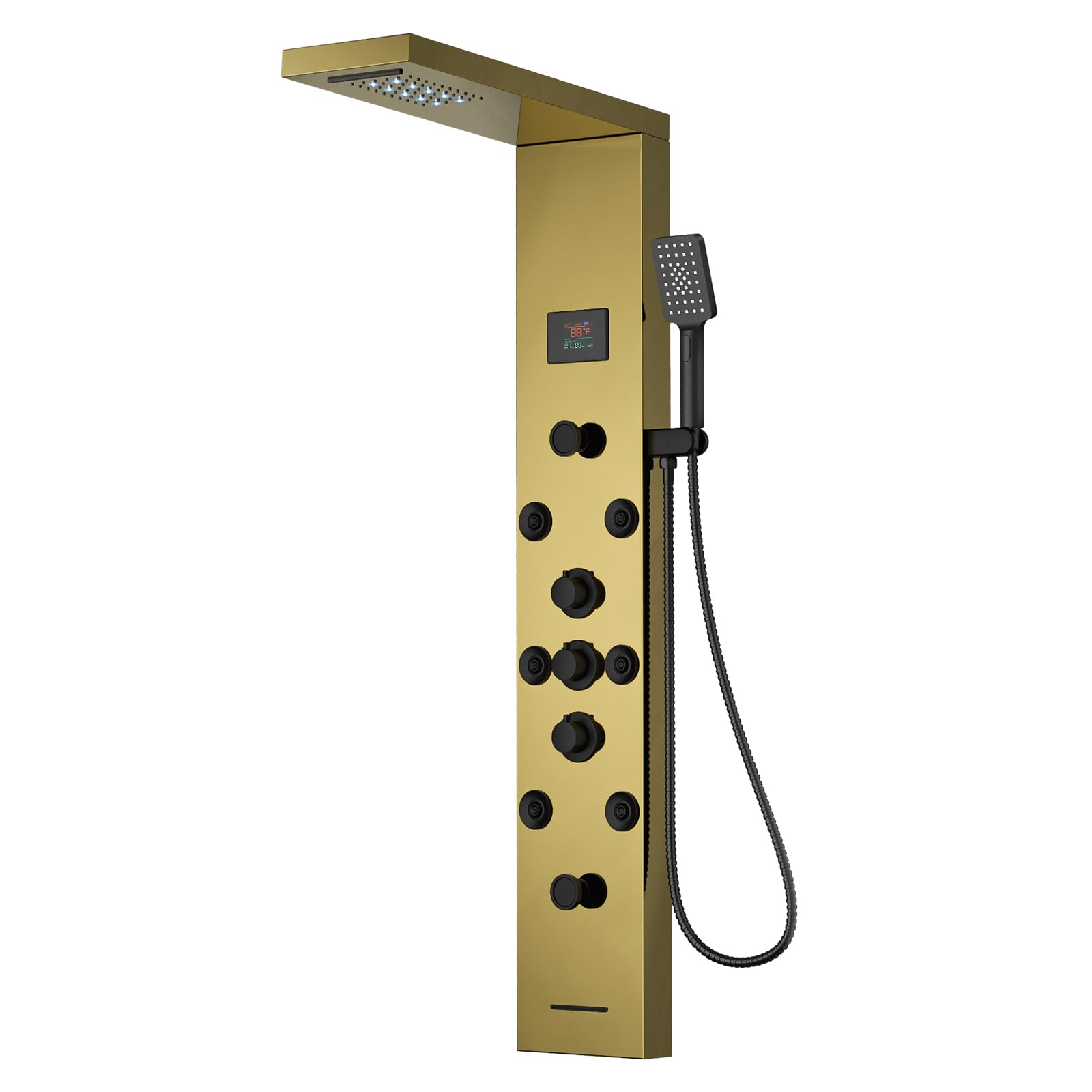 Photo 1 of BATHLAVISH Shower Panel Tower System Stainless Steel LED Rainfall Waterfall Shower Head 5-Function Faucet Rain Massage System Wall Mount with 8 Body Jets, Handheld, and Tub Spout, Gold