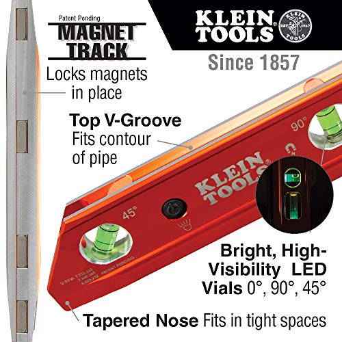 Klein Tools 935RBLT Level, 9Inch Lighted Torpedo Level with 3