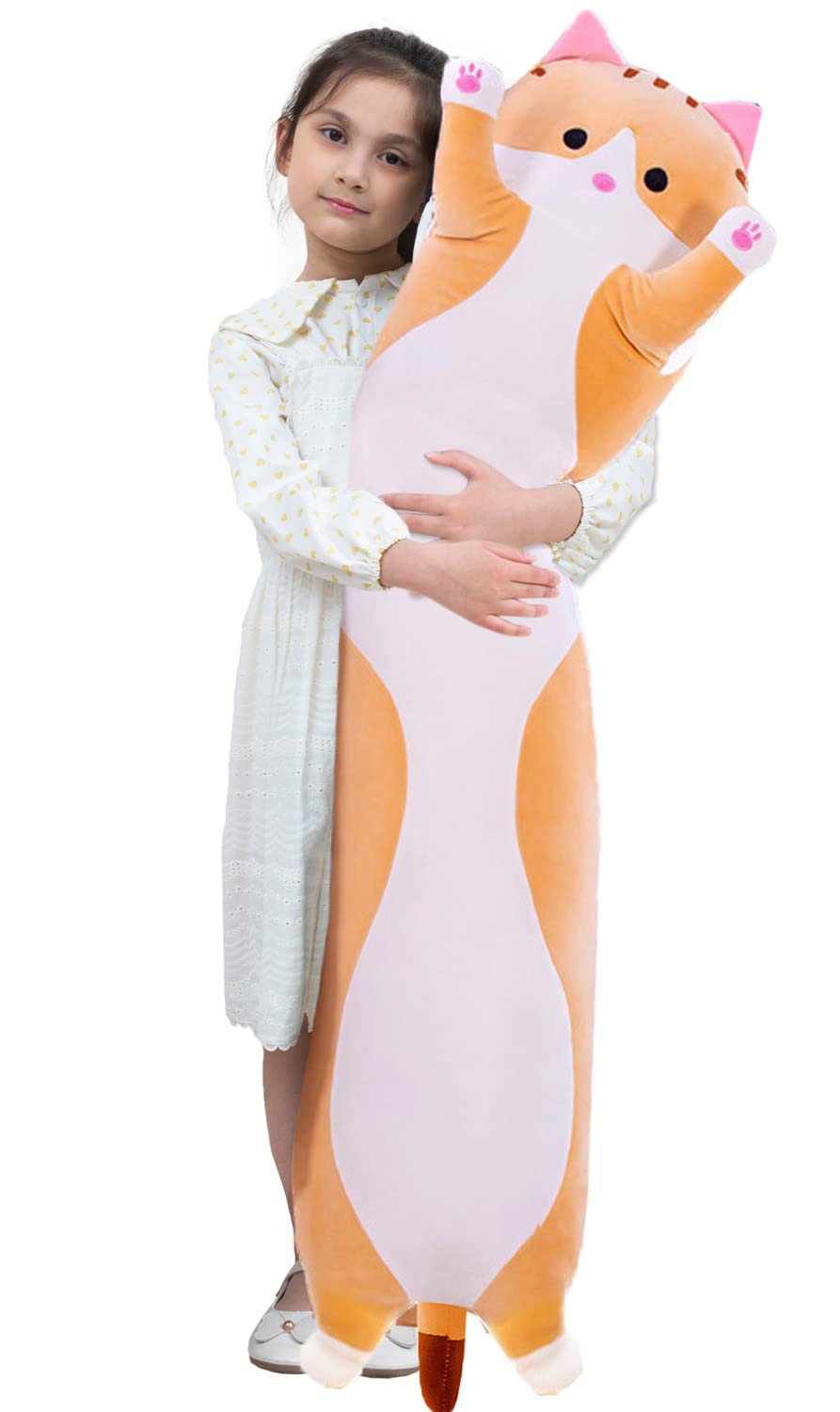 Photo 1 of Giant Cat Pillow Plush Cartoon Kitty Sleeping Hugging Pillow, Cuddly Soft Long Kitten Body Pillow Doll Cat Cushion Toy for Kids Girlfriend (Yellow, 70cm/27.55inch)