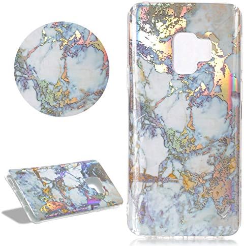 Holographic Marble Phone Case for Samsung Galaxy A6 Plus 2018,DasKAn Shiny Rainbow Reflective Laser Chrome Design Ultra Slim Soft Rubber Silicone TPU Bumper Shell Protective Back Cover,Blue & Gold