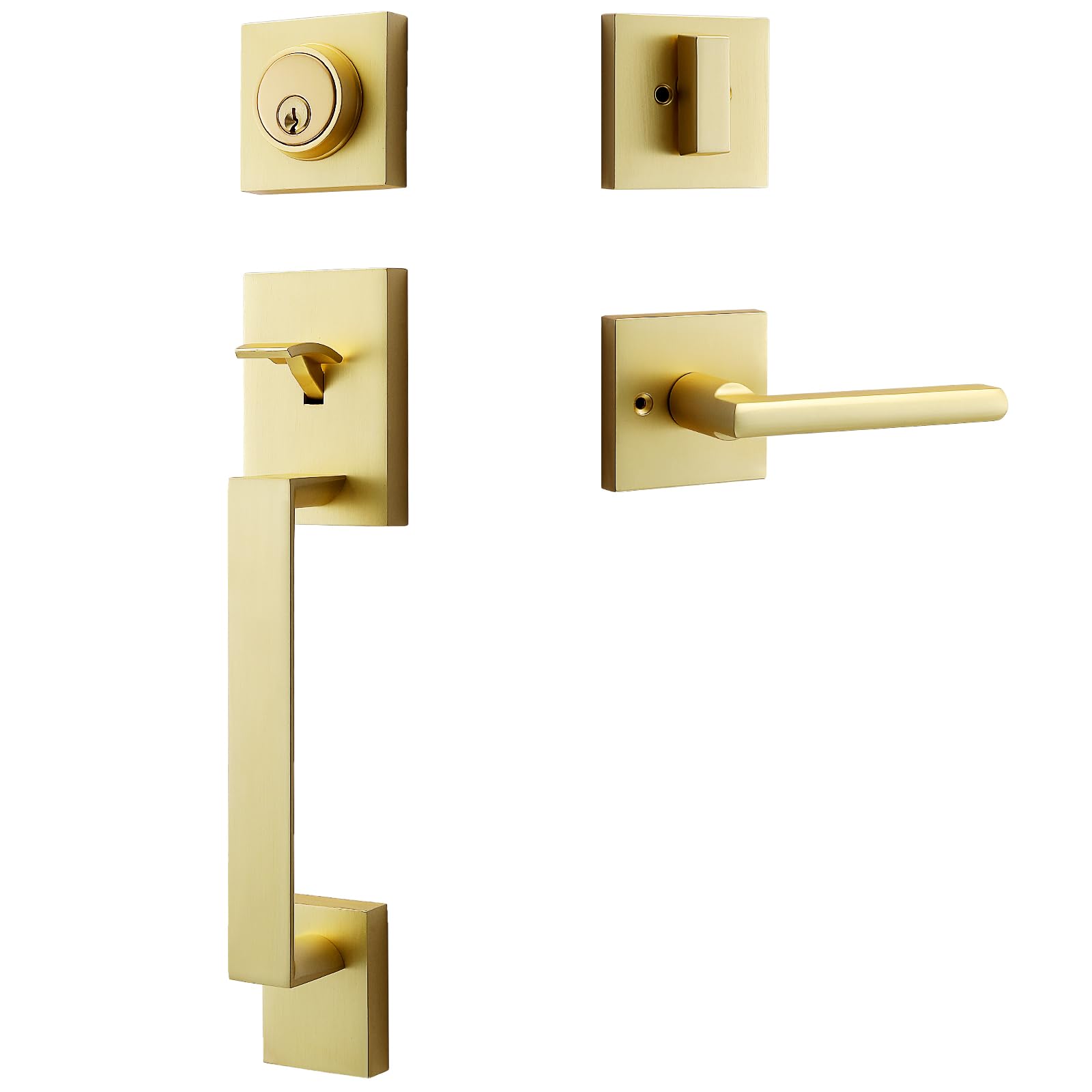Photo 1 of dairazan Modern Satin-Brass Front Door-Handle - Entry Door Lock with Single Cylinder Deadbolt,Exterior Door Lever Set 3 Keys,Reversible for Left and Right Hand Door
