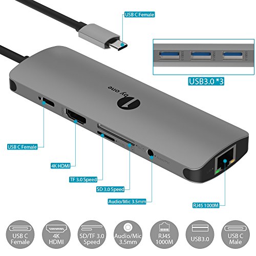 1byone USB C Hub 9 in 1 Aluminum Multiport Adapter With USB-C Charging, Port of Mic/Audio,3 USB 3.0 ports, HDMI, SD, MICro SD for Macbook Pro, Surface Pro,Notebook PC, USB Flash Drives and More