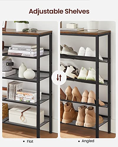 VASAGLE Sapateira para Entrada, Organizador de 5 Níveis com Prateleiras de Armazenamento e Topo Espaçoso, Independente, Ajustável, Industrial,Marrom Rústico e Preto Tinta BRLBS038KD02