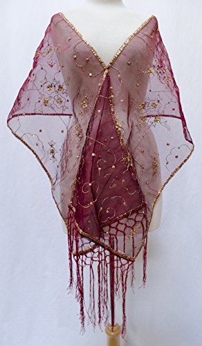 Gulshan Sequin Sheer Silk Organza Stole Shawl Scarf Wrap Table Runner Fringe Burgundy Red Gold