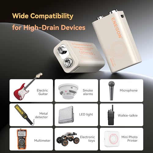 ENEGON 2 Pilas 9V Recargables 1000mAh con Puerto USB-C y Cable de Carga, Batería 9V de Larga duración para Micrófono, Detector de Humo, Juguetes Electrónicos, Walkie-Talkie y Más