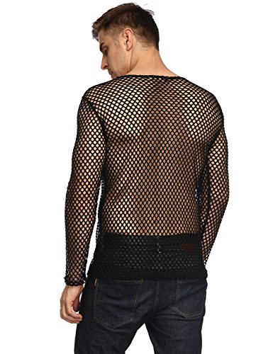 HEQU Men's Club Wear See Through Long Sleeve Fishnet Mesh Shirt Black L