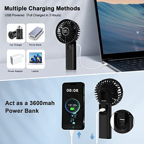 KAZATE Mini Handheld Fan 3600mAh, Portable Rechargeable Small Fan, USB Fans Portable Battery Operated 6 Speeds, Pocket Ventoinha Table Silent Battery, Folding Hand Fan Black