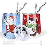Christmas Gifts Wine Tumbler, 12 oz Staineless Vaccum Insulated Wine Glasses with Lid and 4 Pcs Reusable Straws Simple Modern Travel Cup for Coffee, Juices, Beer,Funny Thanksgiving Birthday Christma