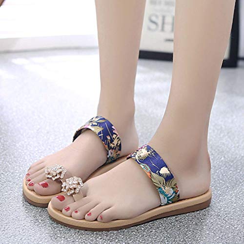 Beach Flip Flop for Women, Anshinto Summer Rhinestones Floral Print Slippers Non-Slip Flat Sandals Sweet Flower Shoes (8 B(M) US, Blue)