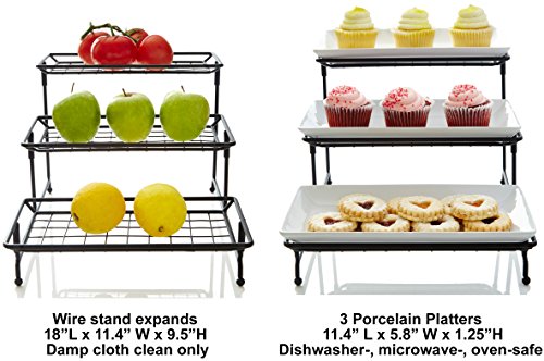 Unique 3 Tier Mesh Serving Stand with Server Platters - Three White Porcelain Food Dessert Display Tray