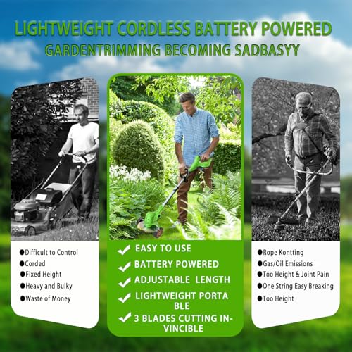 Electric Weed Wacker Battery Powered,Cordless Weed Eater with Wheels | 3-in-1 Itoolmax Grass Trimmer & Stringless Brush Cutter with 3 Types Blades and 2 Pack 4.0 Ah Batteries for Yard Lawn