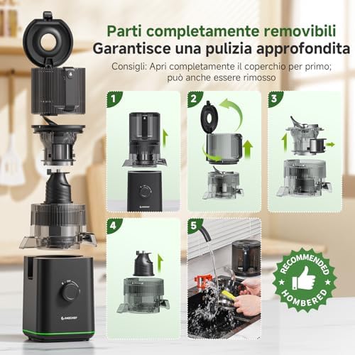 Estrattore di Succo, Bocca 155mm, 2,5L, Separatore della Schiuma, 2 Filtres, Pressione Automatica, Succo Puro e Vellutato, Silenzioso e Facile da Pulire, Ideale per Famiglia e Colazione