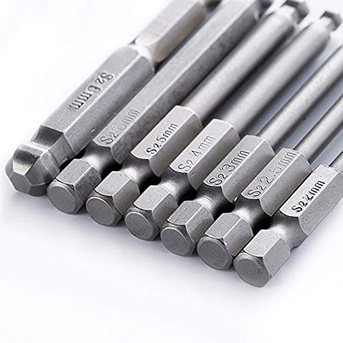 Hymnorq 7pc Metric Ball End Hex Key Screwdriver Bits Set - Quick Release 1/4 Inch Hex Shank for Easy Attachment - 65mm/2.56" Long - S2 Steel Alloy and Magnetic Tips - Fit All Standard Bit Holders