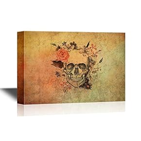 Canvas Wall Art - Skul with Flowers on Vintage Background - Gallery Wrap Modern Home Art | Ready to Hang - 12x18 inches
