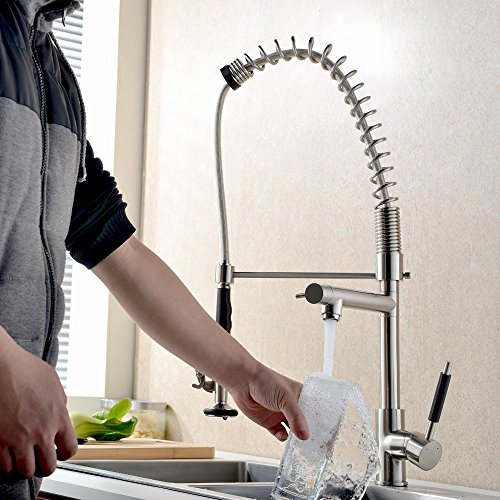 Luxice Commercial Solid Brass Single Handle High-Arc Deck Mounted Pull Down Kitchen Faucet Stainless Steel, Brushed Nickel Faucet with Special Spout Mixer Tap