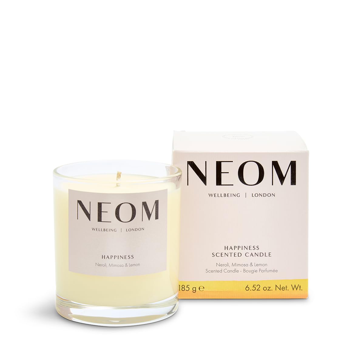 NEOM- Happiness Scented Candle, 1 Wick | Essential Oil Aromatherapy Candle | Neroli, Mimosa & Lemon | Scent to Make You Happy
