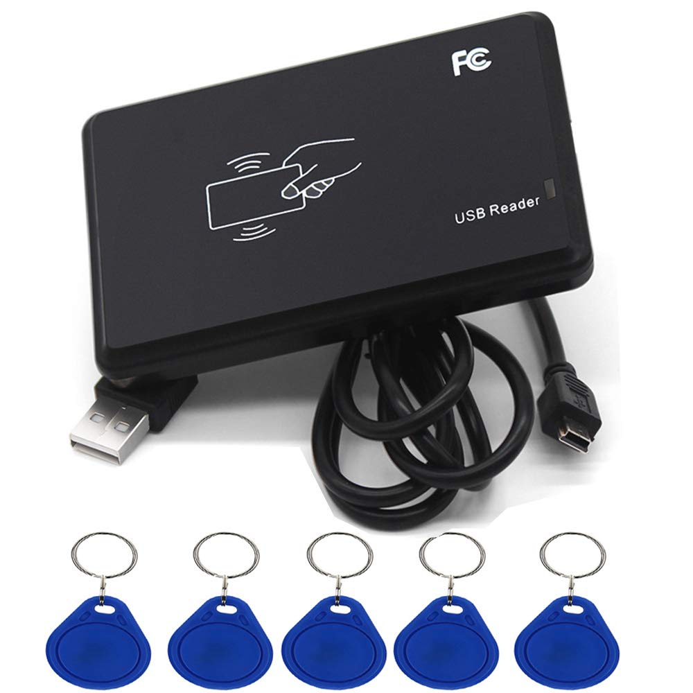 Amao RFID Reader IC Card Reader Non-Contact 14443A Card Reader with USB Interface + 5 x 13.56 MHz T5577 / EM4305 Key Fobs