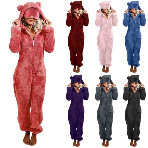 Onesies for Women Girls UK - Teddy Fleece Zip Up One Piece Hooded Pajamas Soft Comfy Pyjamas Sleepwear Fuzzy Fleece Onesies Nightwear Winter Warm Loungewear With EyeMask (A-Watermelon Red, S)
