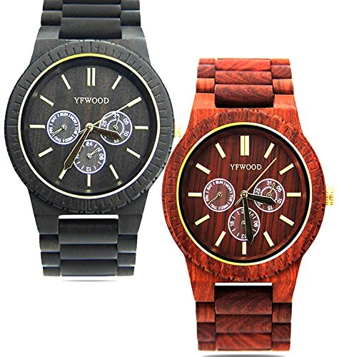 Couples Watch Wooden Watch Men Women Quartz Watch,Handmade Wood Band with Week Date 24Hour Vintage Wristwatch for Lovers