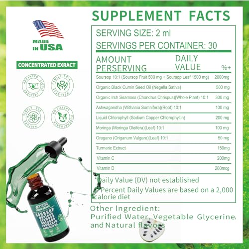 Soursop Bitters Liquid Drops 10 in 1 with Sea Moss, Moringa, Turmeric, Black Seed Oil, Oregano, Ashwagandha | Herbal Extracts for Overall Health-Enhancing | Vegan, Non-GMO | 2 Fl Oz