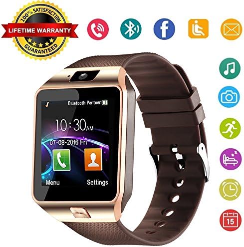 DZ09 Bluetooth Smart Watch Phone - Wzpiss Unlocked Touch Screen Smartwatch Smart Wrist Watch with Camera Pedometer Support SIM Card for iPhone iOS Samsung LG Android Phones for Men Women Kids (Gold)