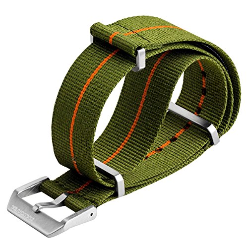 Swiss Style Marine Nationale NATO Watch Band, with Premium Metal Hardware Brushed Buckle by ZULUDIVER, Green/Orange Stripe, 22mm