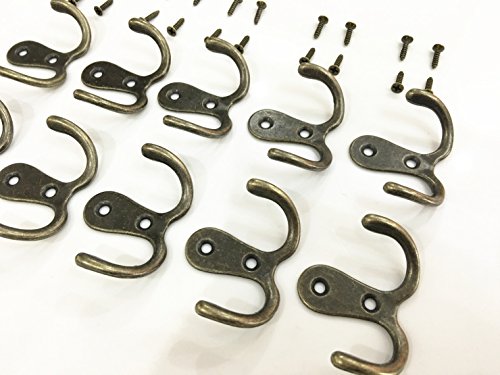 20 Pieces Double Prong Robe Hook Rustic Hooks Retro Cloth Hanger with 40 Pieces Screws, Bronze Color