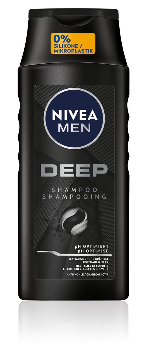 NIVEA MEN Deep Shampoo for Men, Against Oily Hair with Activated Carbon, Revitalising for a Long-Lasting Fresh Feeling, Vegan Hair Shampoo for Deep Cleansing (250 ml)