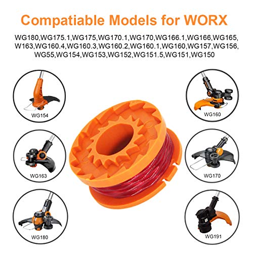 Faraer WA0010 Spool for Worx Trimmer Grass Edger String 10ft 0.065" Autofeed Spool Line WA0004 Compatible with Worx WG180 WG163 Weed Eater 14 Pack (12 Trimmer Spools and 2 Trimmer Spool Cap)