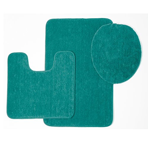Brandy 3 Piece Solid Frieze Bathroom Shower Tub Rug Set, Bath Mat, Contour, Toilet Seat Lid Cover (Turquoise)