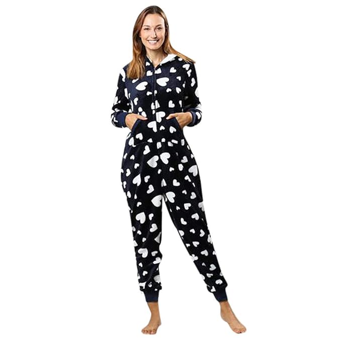 Battnot Damen Jumpsuit Flanell Pyjamas, Frauen Mode Herzform Druck Langarm Overalls mit Kapuze Bequem Playsuit Familien-Pyjam
