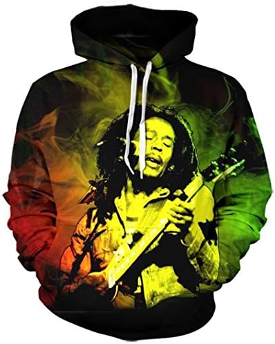 Unisex Bob Marley Printed 3D Hipster Hoodies Streetwear Pullover Sweatshirt, M