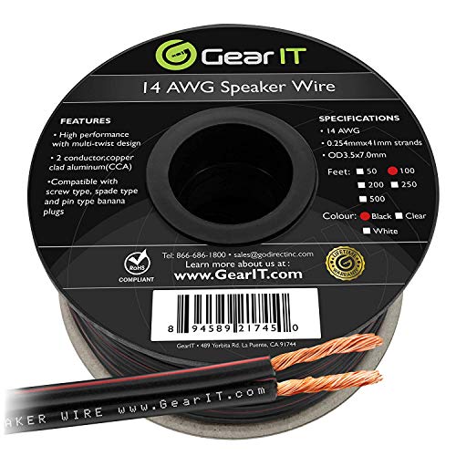 14AWG Speaker Wire, GearIT Pro Series 14 AWG Gauge Speaker Wire Cable (100 Feet / 30.48 Meters) Great Use for Home Theater Speakers and Car Speakers Black