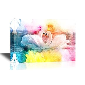 Romantic Canvas Wall Art - Two Swans in The Lake on Watercolor Style Background - Gallery Wrap Modern Home Art | Ready to Hang - 12x18 inches