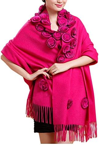 QYQS Women's Exotic Design 100% Pashmina Rabbit Fur Roses Tassel Soft Scarf Wrap Party Shawl Rosy
