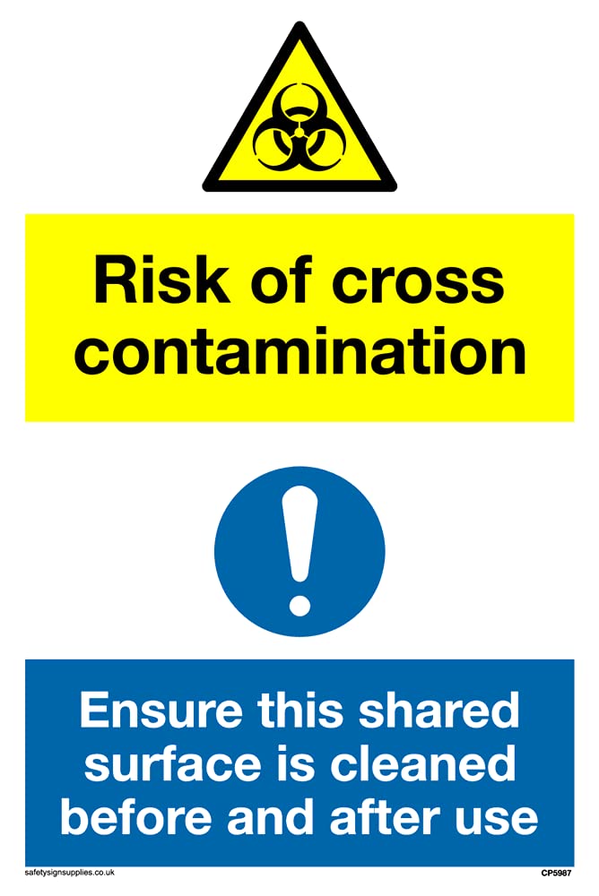 Pack of five - dual biohazard triangle and mandatory exclamation circle Sign - 100x150mm - A6P