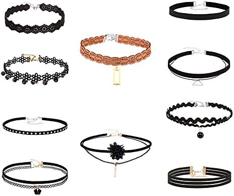 MINKANAK Black Velvet Choker Necklaces Tattoo Choker Elastic Tassel Pendant Necklaces for Womens Girls Multiple styles (Brown oblong 10Pcs)
