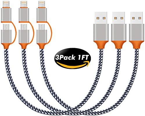 BINGCOO iPhone and Android Charger Cable Short, 2-in-1 Lightning Micro USB Cable [3 Pack 1ft] Nylon Braided High Speed Sync and Charging Cord for iPhone X/8plus/7 Plus/6s, iPad/iPod, Samsung, HTC