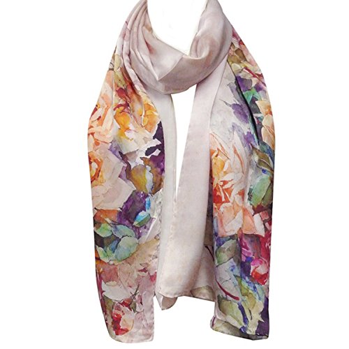 Wrapables Luxurious 100% Charmeuse Silk Floral Painting Long Scarf with Hand Rolled Edges, Roses in Bloom