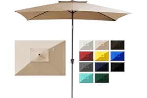 JEAREY 6.6FTx10FT 2-Tiers Rectangular Patio Umbrellas Outdoor Large Market Umbrella With Push Button Tilt and Crank Lift System 6 Sturdy Ribs UV Protection Waterproof Sunproof, Beige