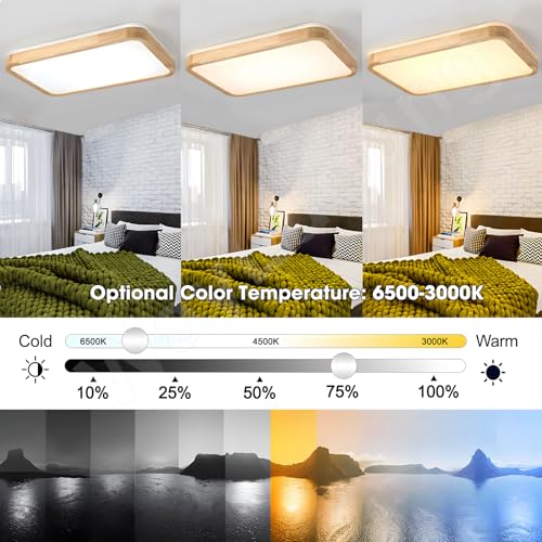 WayLuoung LED Wood Ceiling Light | 80 x 60 cm 3000-6000 K 78 W | Rectangular Natural Wood Lamp 360° Glow for Bedroom Living Room Children's Bedroom Kitchen Room (Dimmable with Remote Control)