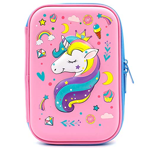 Crown Unicorn Gifts for Girls - Cute Big Size Hardtop Pencil Case with Compartment - Kids School Supply Organizer Stationery Box Zipper Pouch (Light Pink)