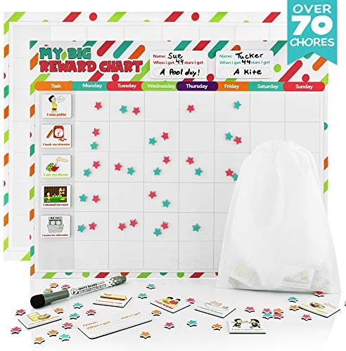Fat Zebra Designs Reward Chore Chart for Kids - 70 Chores | Magnetic Board with Dry Erase Marker | Track Weekly Behavior, Responsibilities, Allowance | Supports 3 Children