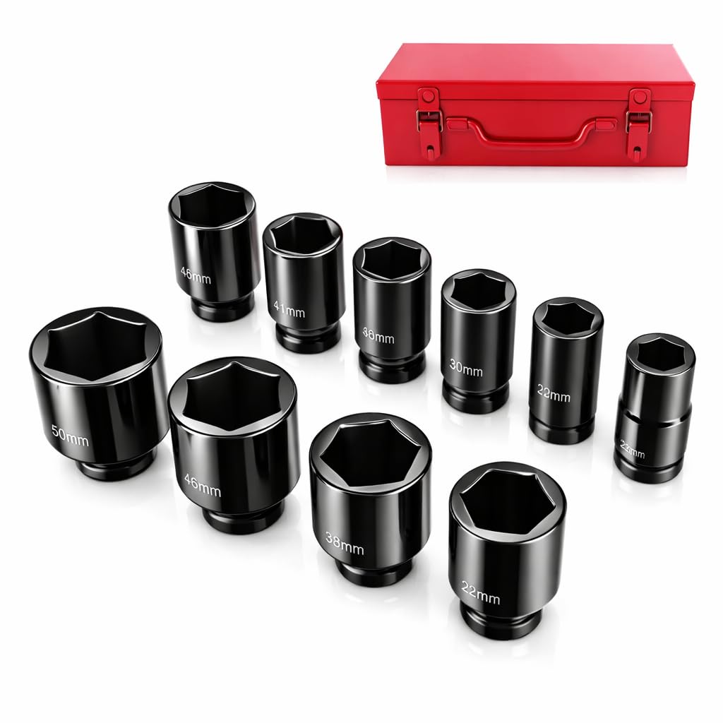 3/4" Drive 10-Piece Metric Impact Socket Set, 6-Point Cr-Mo Steel (22-50mm), Heavy Duty & High Torque for Professional Use