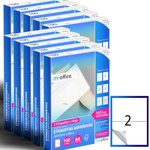 M-Office Self Adhesive Labels - Printable White Multiple School Labels for Jars and Notebooks Daily Useful Stickers (2 Labels Per Sheet, 1000 Sheets)