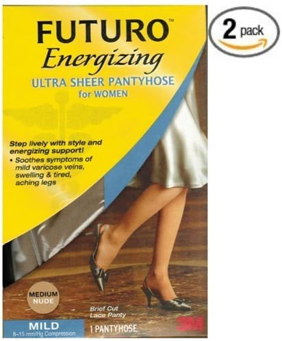 Futuro Energizing Ultra Sheer Pantyhose For Women Brief Cut Lace Panty Nude Mild Medium 8-15 mm/Hg Compression 1 Pantyhose (Pack of 2)